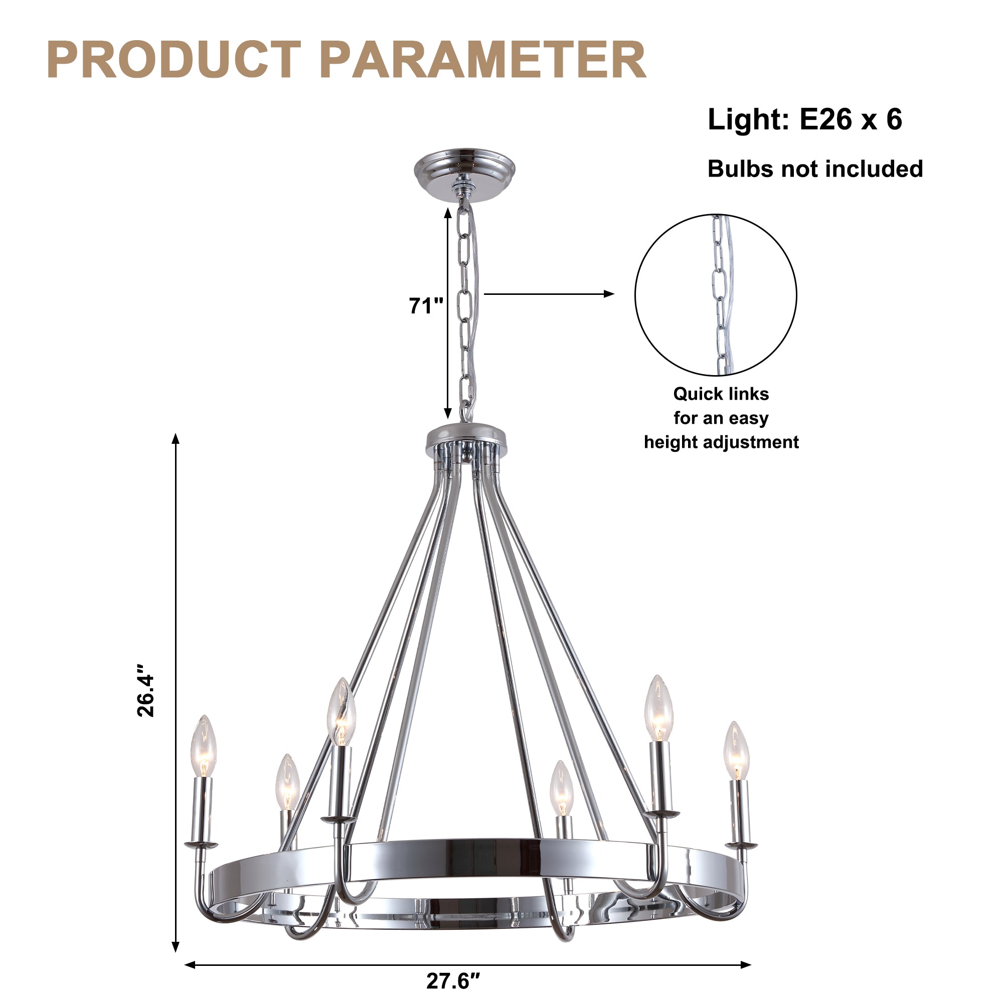 6 - Light Chrome Farmhouse Wagon Wheel Chandelier,  28 Inch Industrial Rustic Vintage Round Kitchen Island Pendant Light for Dining Room