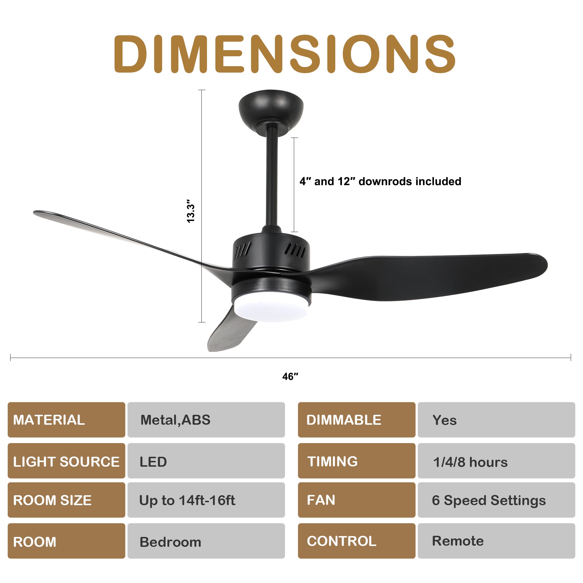DC4602GED-BellaDepot 46" 3 Blades Simple Modern Reversible Ceiling Fan with Remote and LED Light Kit Included, 6-speed Dimmable Ceiling Fan