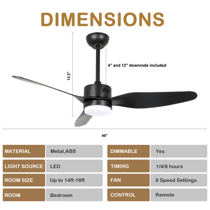 DC4602GED-46" 3 Blades Simple Modern Reversible Ceiling Fan with Remote and LED Light Kit Included, 6-speed Dimmable Ceiling Fan