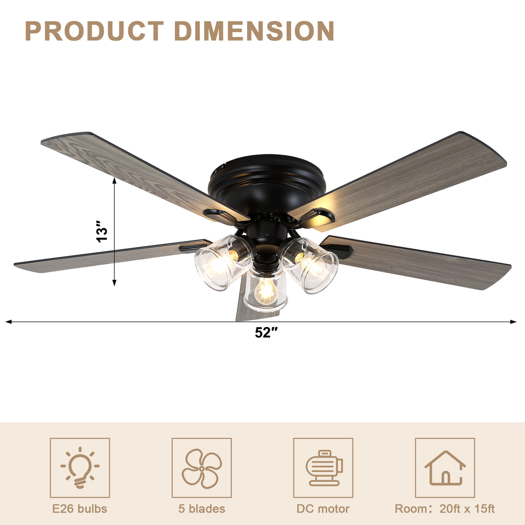 52/60 Inch Black Farmhouse Flush Mount Ceiling Fan with Lights and Remote Control, 6 Speeds DC Motor Low Profile Ceiling Fan with Glass Shade