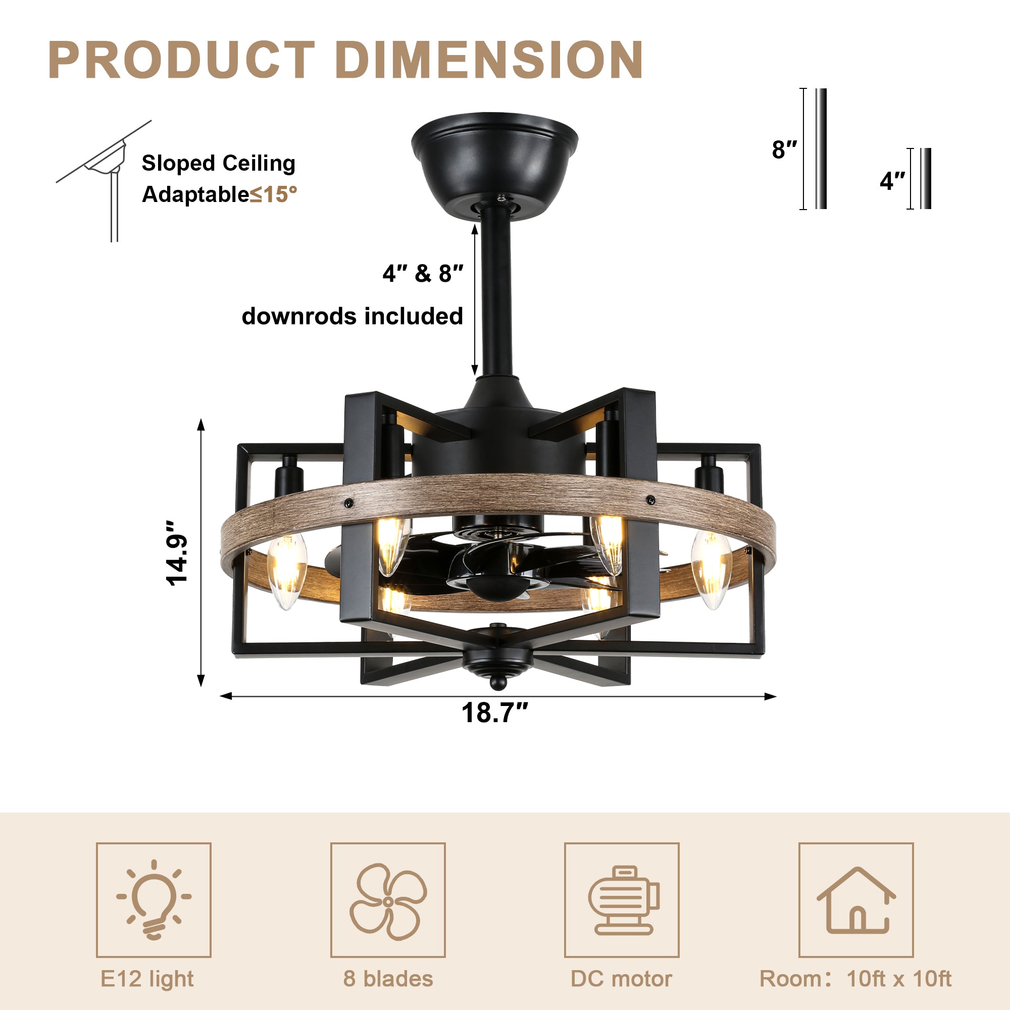 BD1811-BR-BellaDepot 18.5" Industrial Wood Grain Reversible Caged Ceiling Fan with Remote and 6 Lights