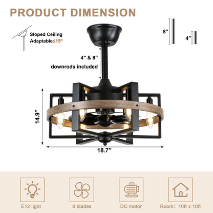 BD1811-BR-BellaDepot 18.5" Industrial Wood Grain Reversible Caged Ceiling Fan with Remote and 6 Lights