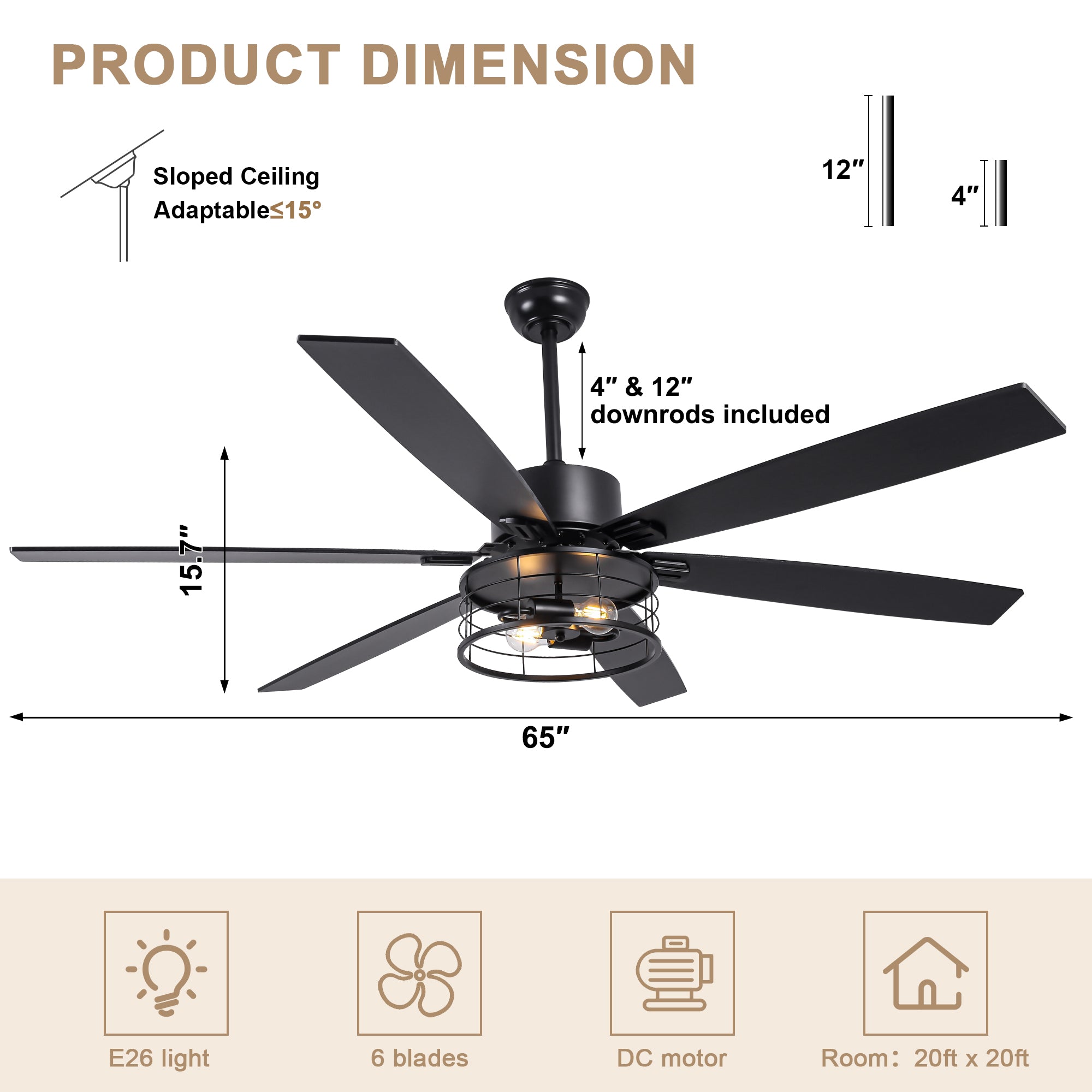 65 Inch Black Modern Industrial Ceiling Fan with Lights and Remote Control,6 Speeds Reversible Ceiling Fan for Large Rooms