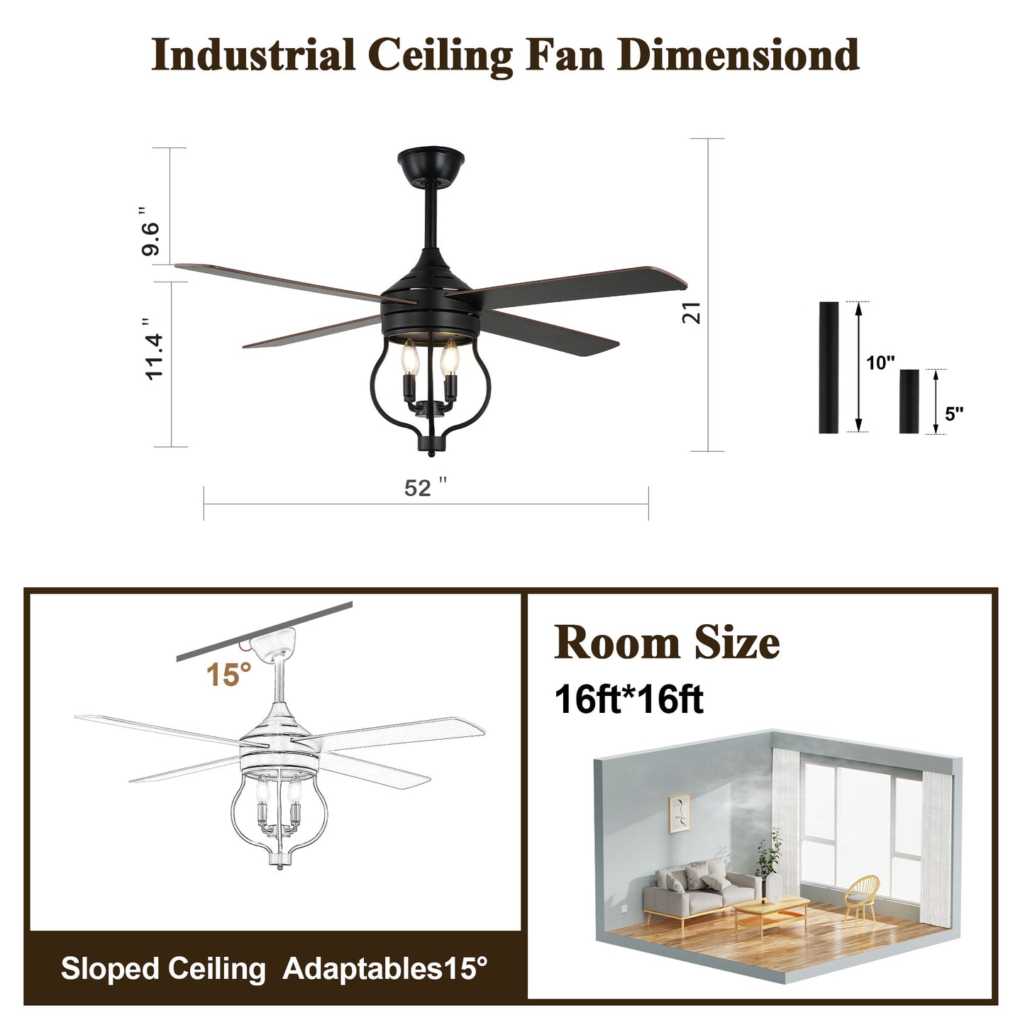 DC5212-52" Large Size Classic Reversible Black Ceiling Fan DC Motor 6-Speeds with Remote and Lights