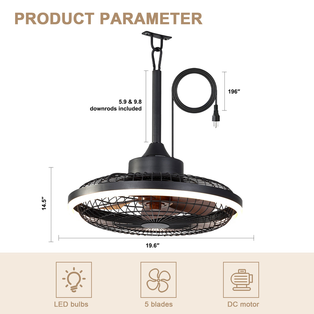 HW2001-BellaDepot 20" Compact Outdoor Caged Ceiling Fan with Remote Control, Waterproof Fan with LED Lights