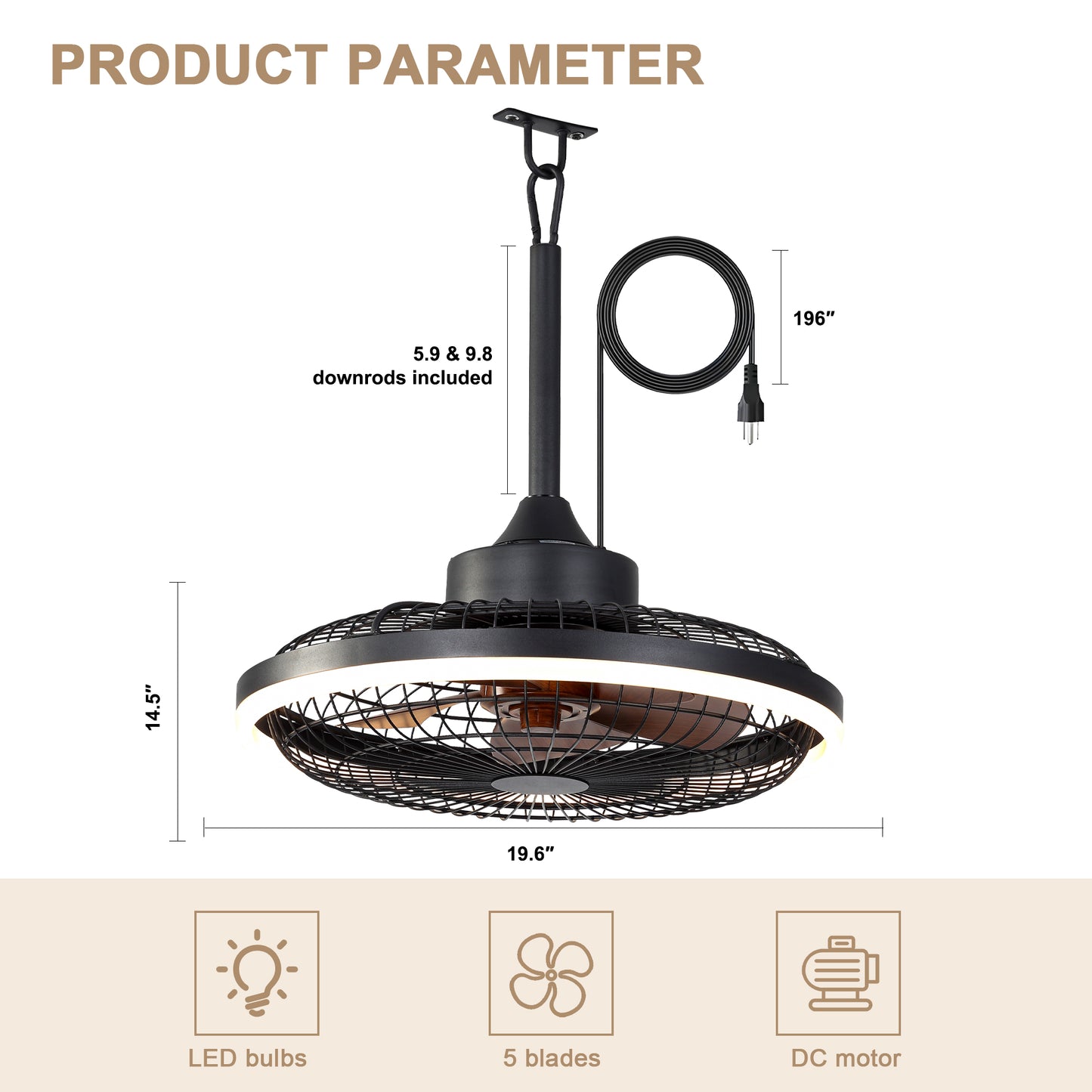 HW2001-BellaDepot 20" Compact Outdoor Caged Ceiling Fan with Remote Control, Waterproof Fan with LED Lights