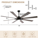 72 Inch 8-Blade Black Farmhouse Extra Large Ceiling Fan with LED Light and Remote, 6 Speeds DC Motor Reversible Ceiling Fan for Large Room