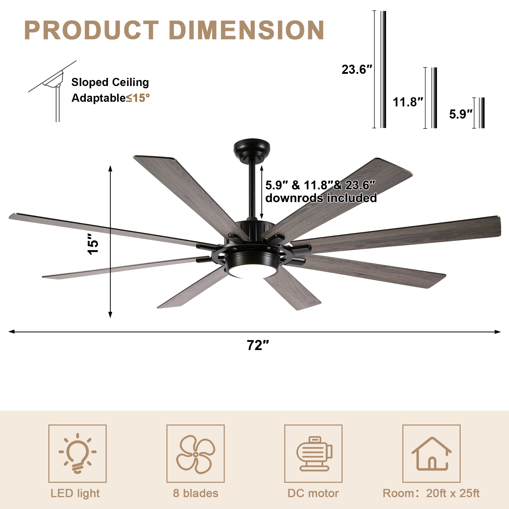 72 Inch 8-Blade Black Farmhouse Extra Large Ceiling Fan with LED Light and Remote, 6 Speeds DC Motor Reversible Ceiling Fan for Large Room