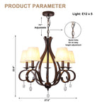 5 - Light Aged Brass Traditional Chandelier, Rustic Bronze Farmhouse Chandelier with Fabric Shades Candle Style Classic Chandelier for Living Room