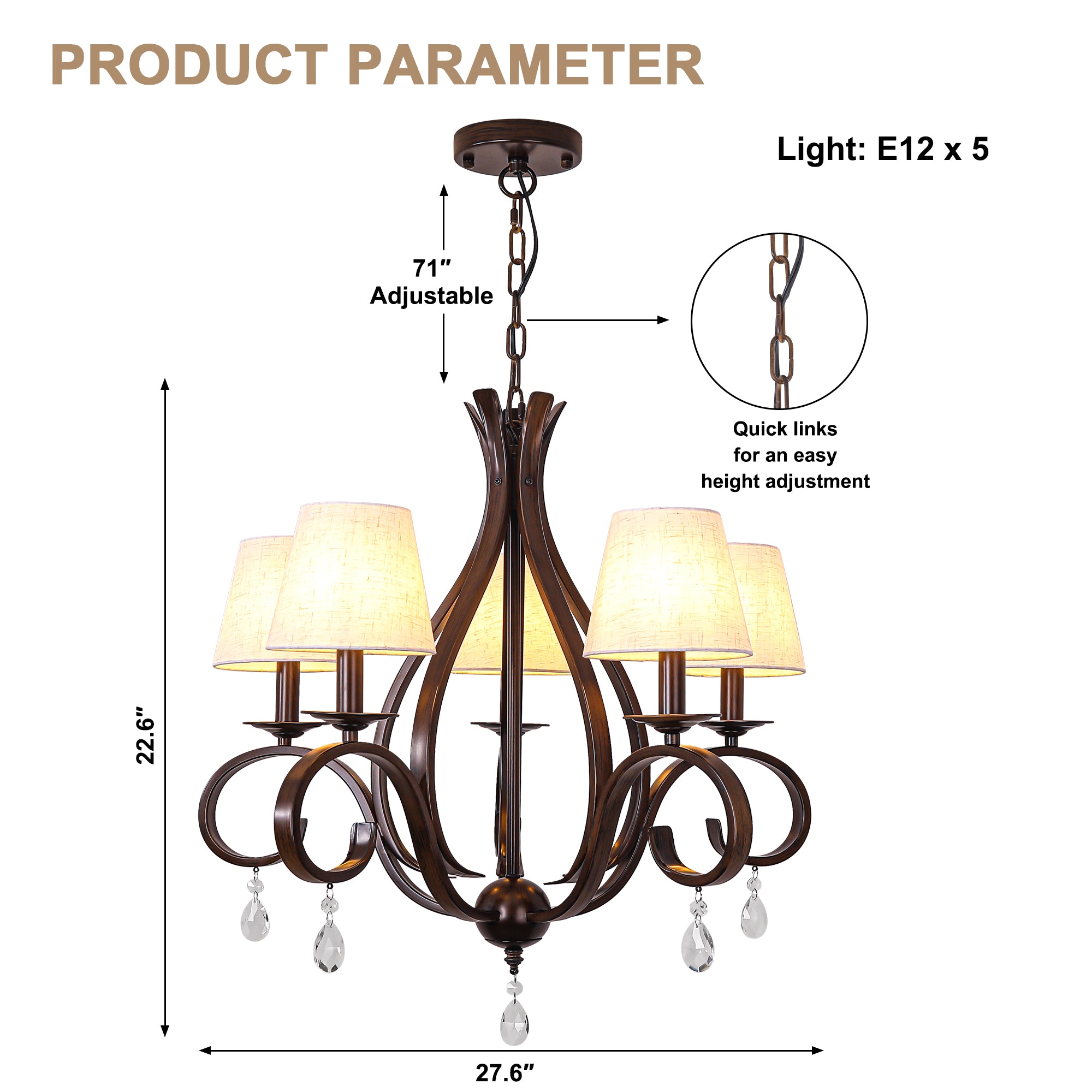 5 - Light Aged Brass Traditional Chandelier, Rustic Bronze Farmhouse Chandelier with Fabric Shades Candle Style Classic Chandelier for Living Room
