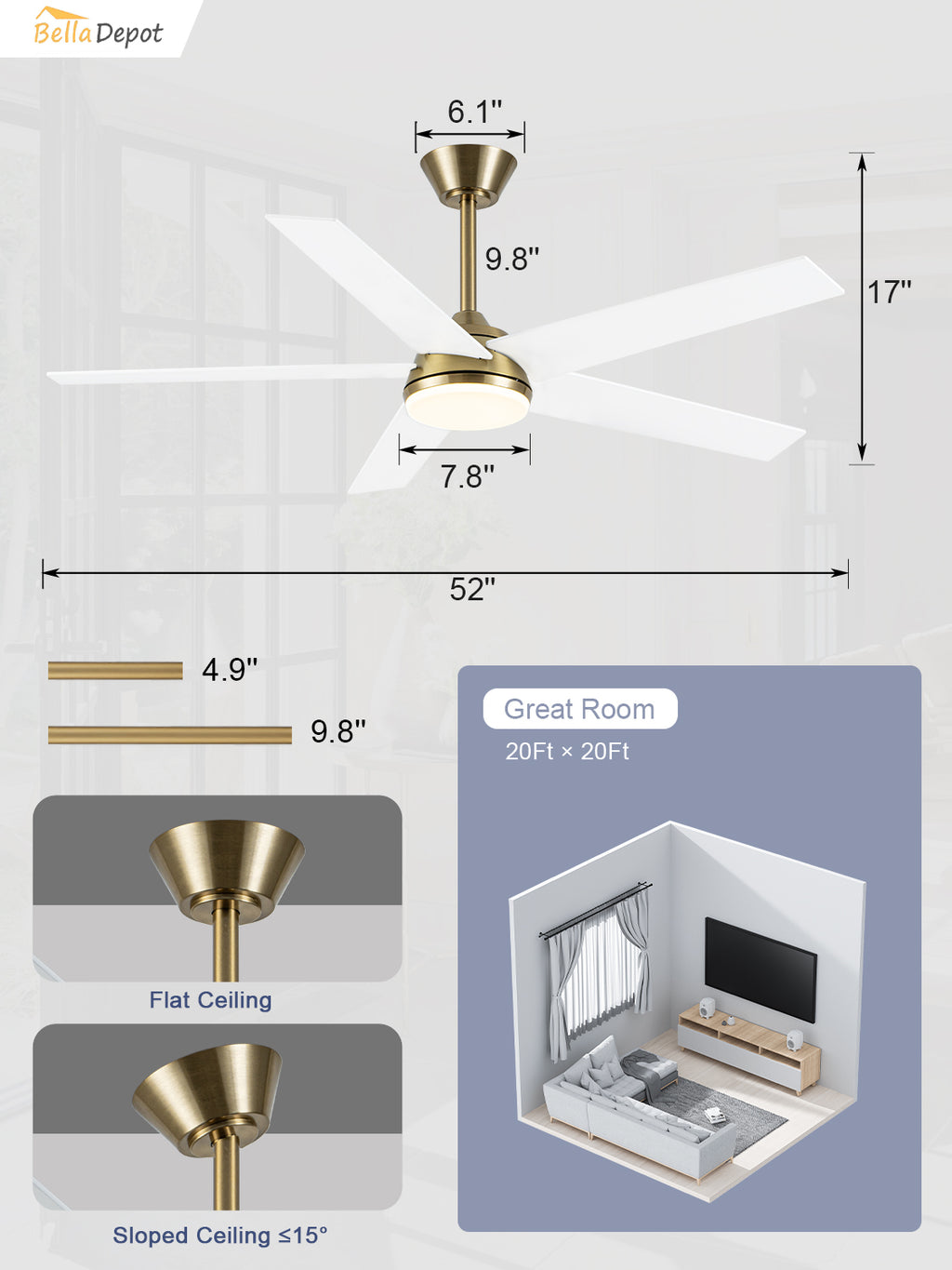 52 Inch Modern Smart Gold Ceiling Fan with Dimmable LED Light and Remote & APP Control, 6-Speed DC Motor Reversible Ceiling Fan