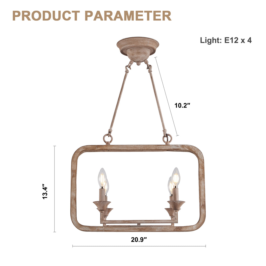 4 - Lights Rustic Distressed Wood Chandelier, 21" Vintage Farmhouse Chandeliers for Dining Room Kitchen Island Lighting