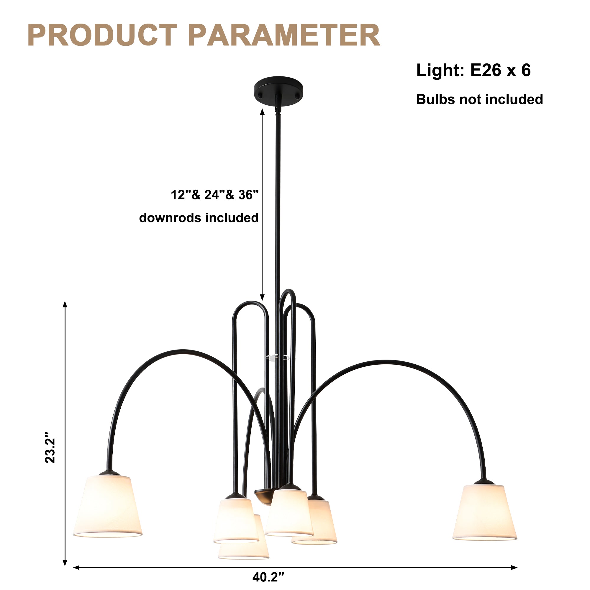 6-Light Black Modern Chandelier with White Fabric Shades, Linear Sputnik Dining Room Chandelier, Modern Farmhouse Ceiling Light Fixture