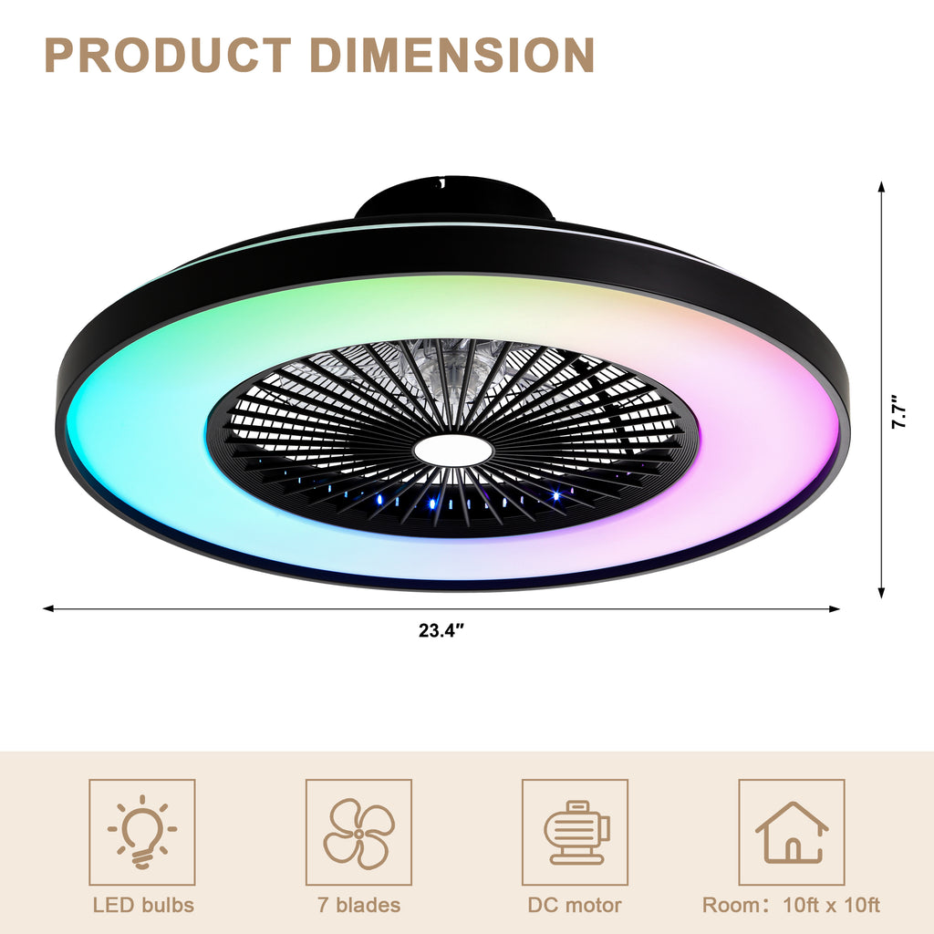 23 Inch Modern Smart Bladeless Ceiling Fan with Dimmable RGB LED Light and Remote,6 Speeds Flush Mount Ceiling Fan for Bedroom