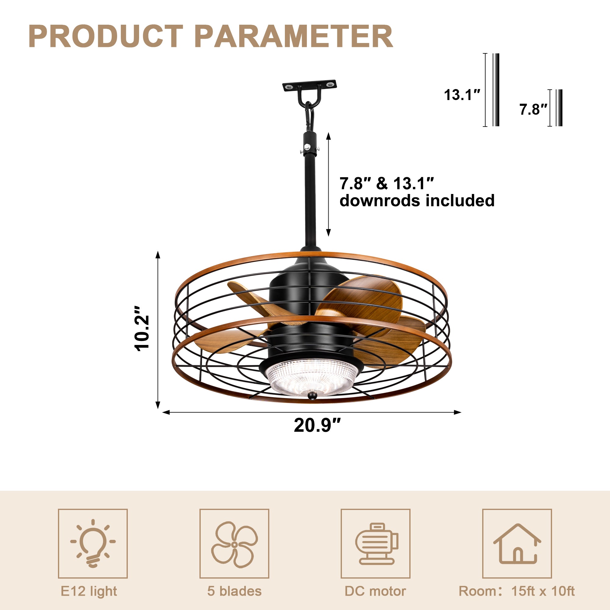 21 Inch Outdoor Waterproof Ceiling Fan with LED Light and Remote & APP Control, 6-Speed Reversible DC Motor Plug-in Ceiling Fan for Patio