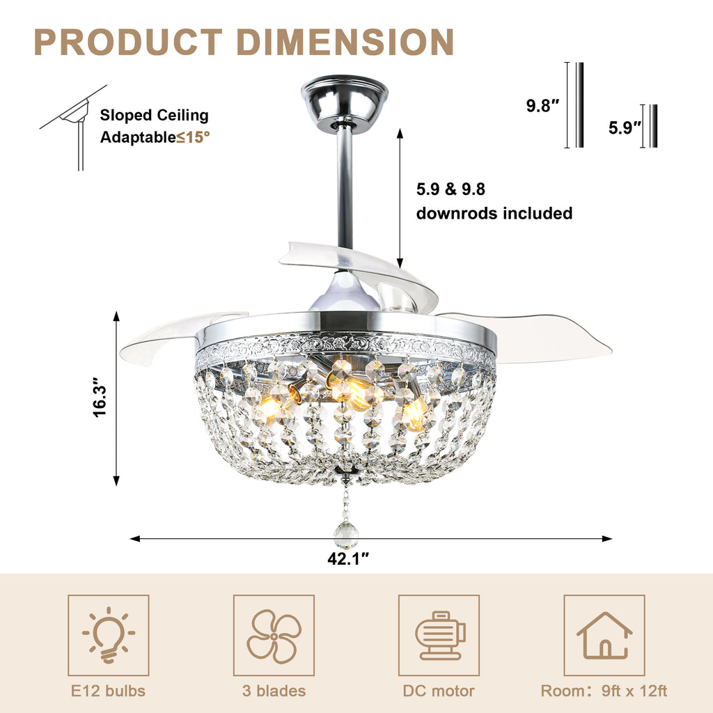 42 Inch Chrome Modern Glam Crystal Retractable Ceiling Fan with Lights and Remote Control, 6 Speeds DC Motor Fandelier Ceiling Fan