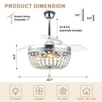 42 Inch Chrome Modern Glam Crystal Retractable Ceiling Fan with Lights and Remote Control, 6 Speeds DC Motor Fandelier Ceiling Fan