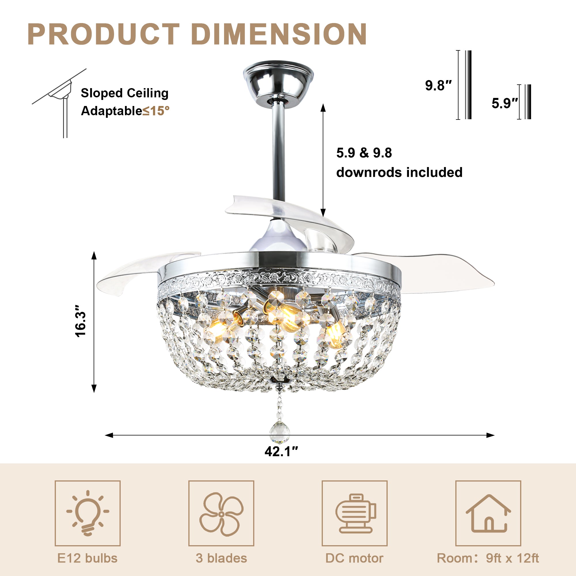 DC4269-C-BellaDepot 42" Retro Silver Crystal Chandelier Ceiling Fan with Invisible Blades and Remote Control, Retractable Ceiling Fan for Living Room