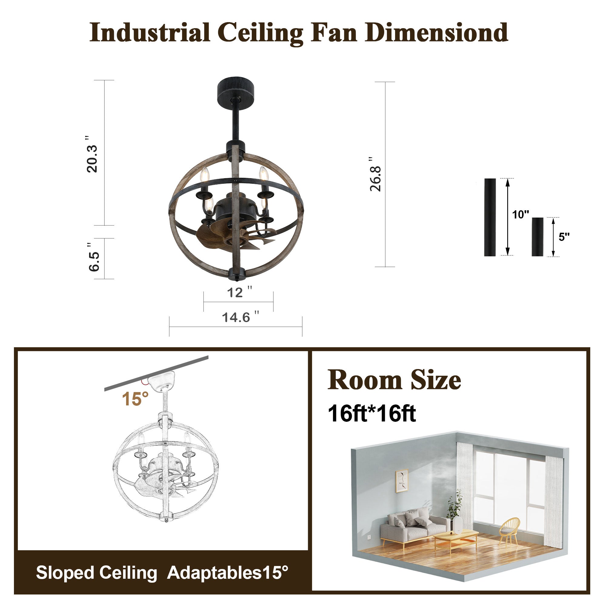 BD1502-BellaDepot 14.6" Farmhouse Distressed Wood Reversible Ceiling Fan with Remote and 4 Lights