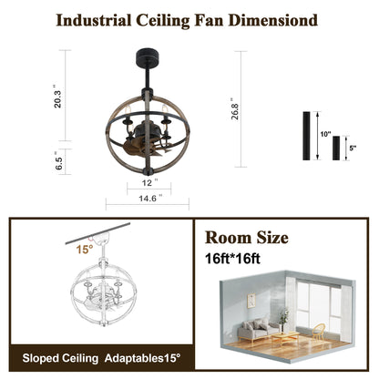 BD1502-15 Inch Wooden Vintage Reversible Ceiling Fan with Remote and Lights