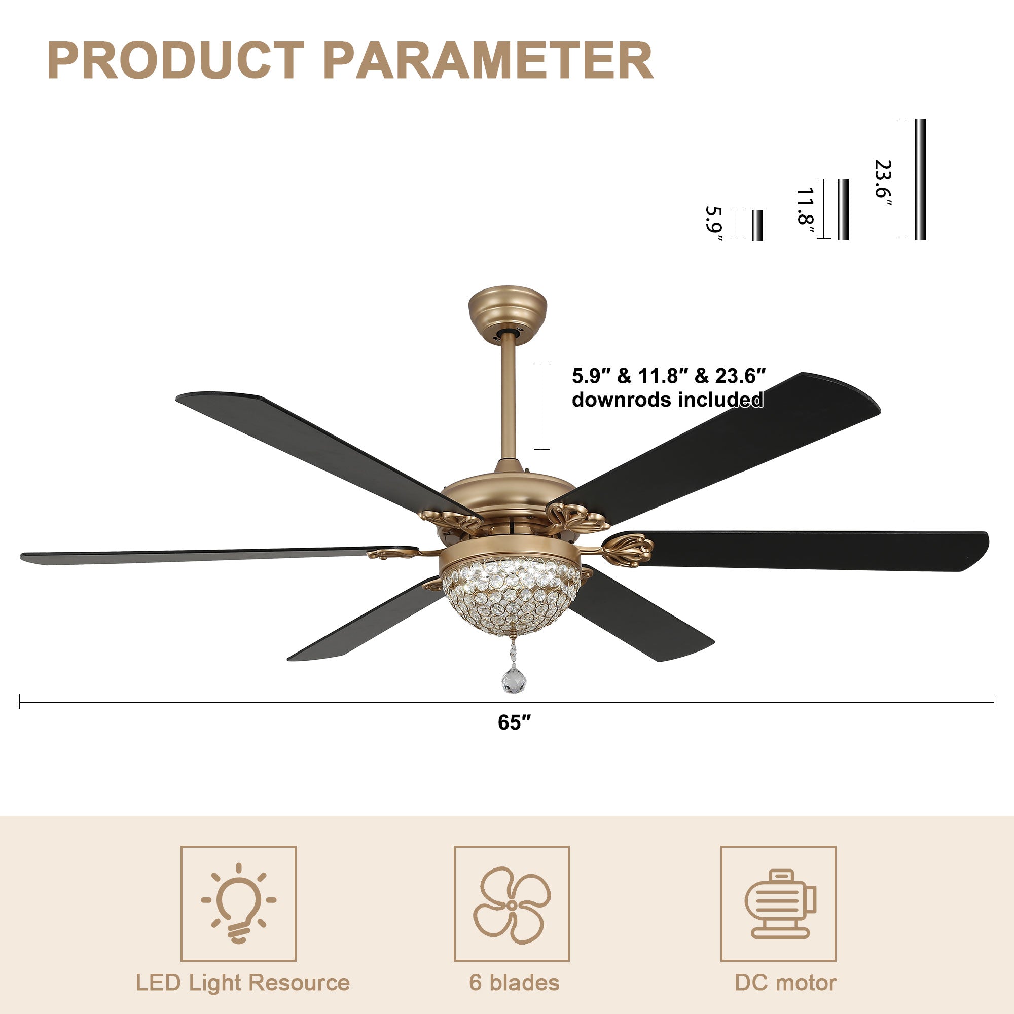 DC6503-BellaDepot 65" 6 Wooden Blades Black/Silver Finish Luxury Crystal Reversible Ceiling Fan with Remote and LED Light Kit Included, Large Size Dimmable Ceiling Fan