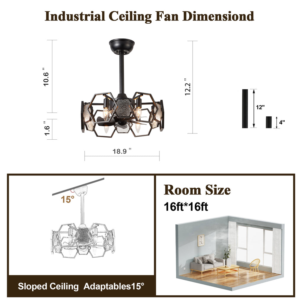 DC1903-BellaDepot 18.9" Gold/Black/Silver Finish Geometric Reversible Ceiling Fan with 6 Lights and Remote
