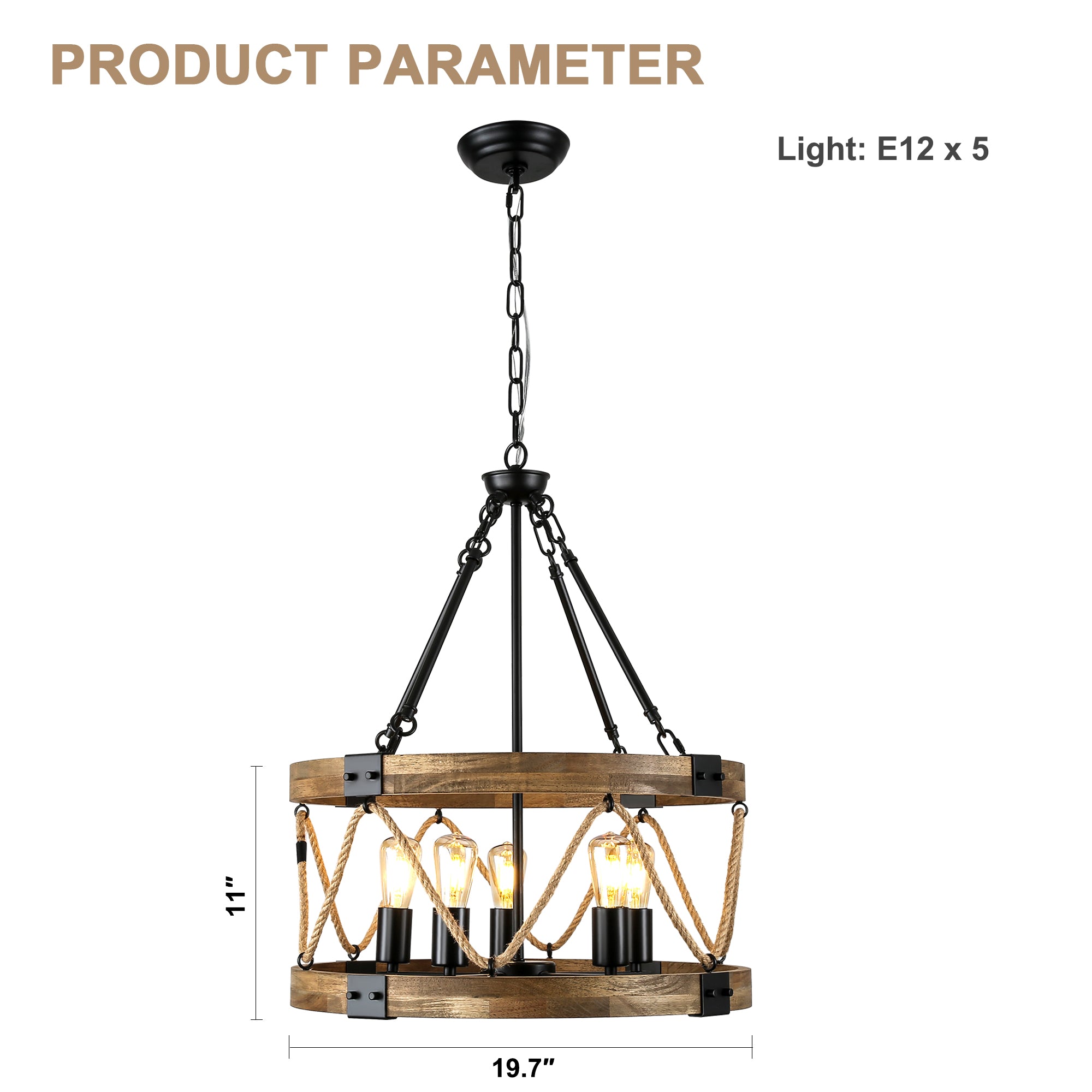 FC4116-BellaDepot 5 Lights Geometric Wood Chandelier, Height Adjustable Home Decoration Pendant Light