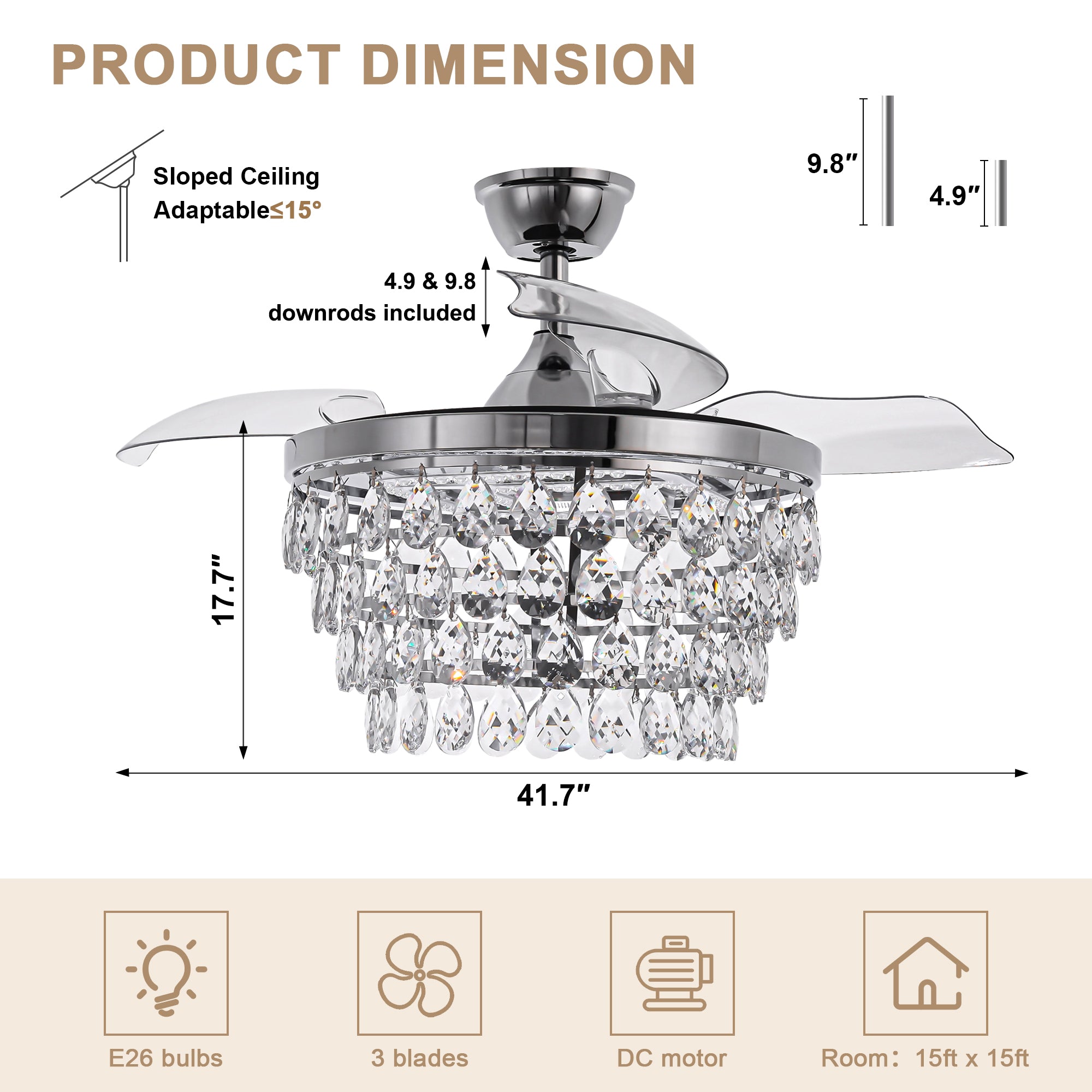 DC4270-BellaDepot 42" Silver or Gold Crystal Chandelier Ceiling Fan with Remote and Lights, Retractable Blades Ceiling Fan