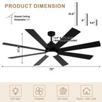 72 Inch Black Modern Ceiling Fan with LED Light and Remote, 6 Speeds DC Motor Reversible Extra Large Ceiling Fan for Living Room