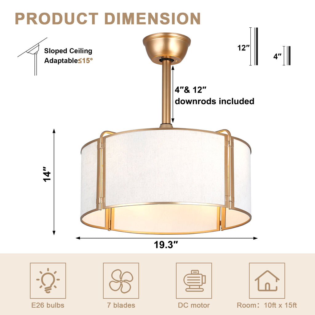 19 Inch Modern Ceiling Fan with Fabric Shade, 6-Speed DC Motor Bladeless Ceiling Fan with Lights and Remote Control for Bedroom