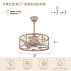 Industrial 20 Inch Distressed White Caged Ceiling Fan with Light Quiet DC Motor with Remote Control Ceiling Fan Small Farmhouse Ceiling Fan with Light Suit for Bedroom, Kitchen,Living Room