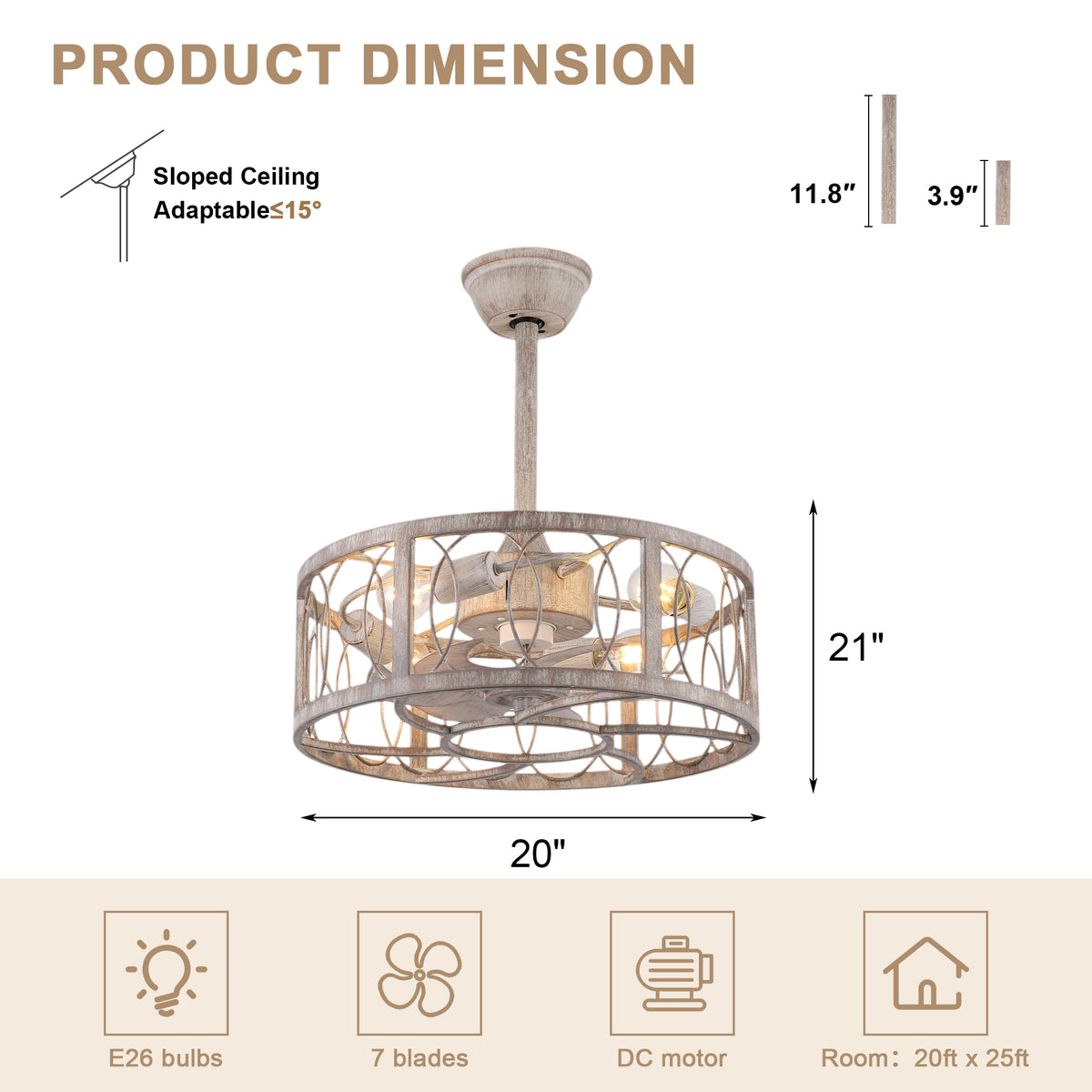 Industrial 20 Inch Distressed White Caged Ceiling Fan with Light Quiet DC Motor with Remote Control Ceiling Fan Small Farmhouse Ceiling Fan with Light Suit for Bedroom, Kitchen,Living Room