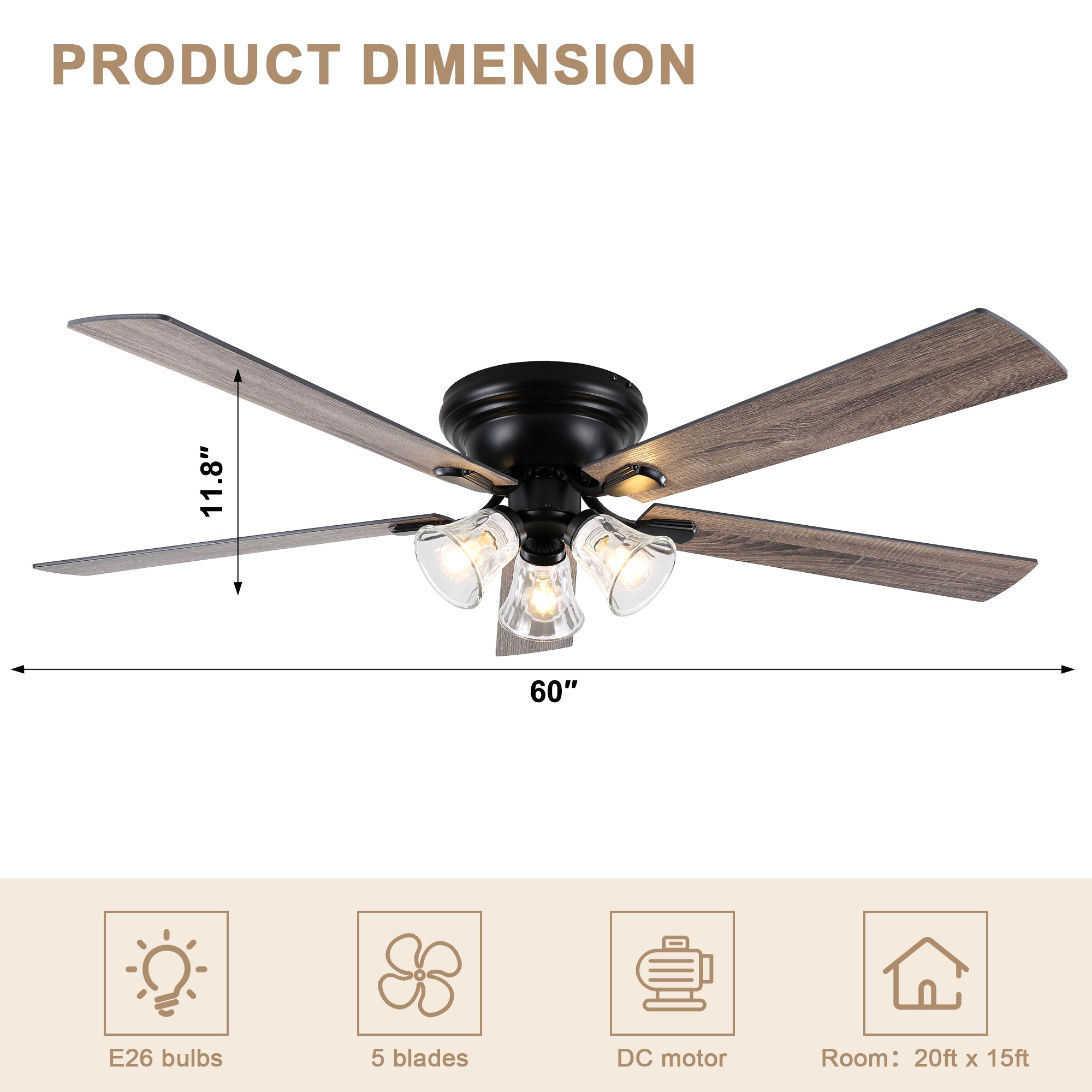 52/60 Inch Black Farmhouse Flush Mount Ceiling Fan with Lights and Remote Control, 6 Speeds DC Motor Low Profile Ceiling Fan with Glass Shade