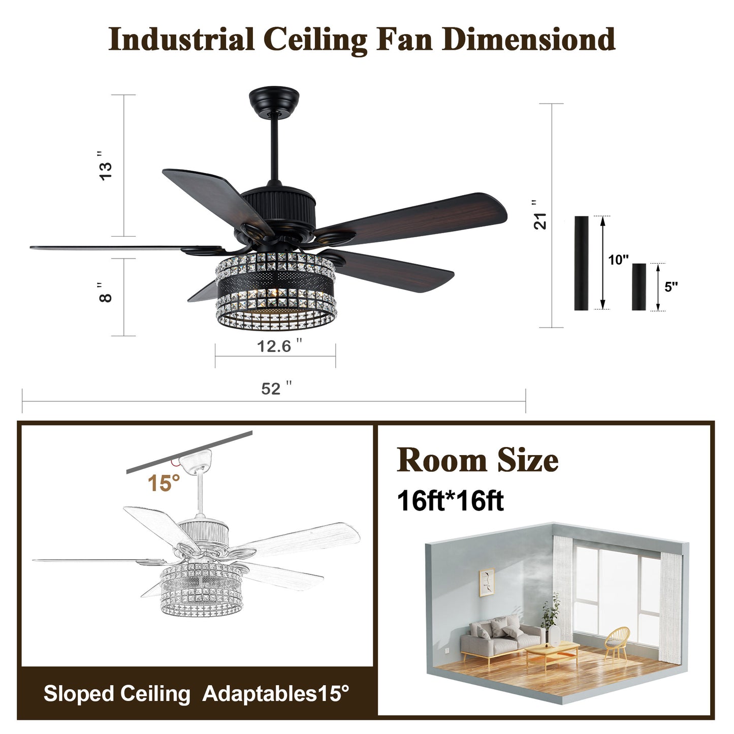 BD2069-52 Inch Large Size Black Color Caged Reversible Crystal Ceiling Fan with Remote and Lights