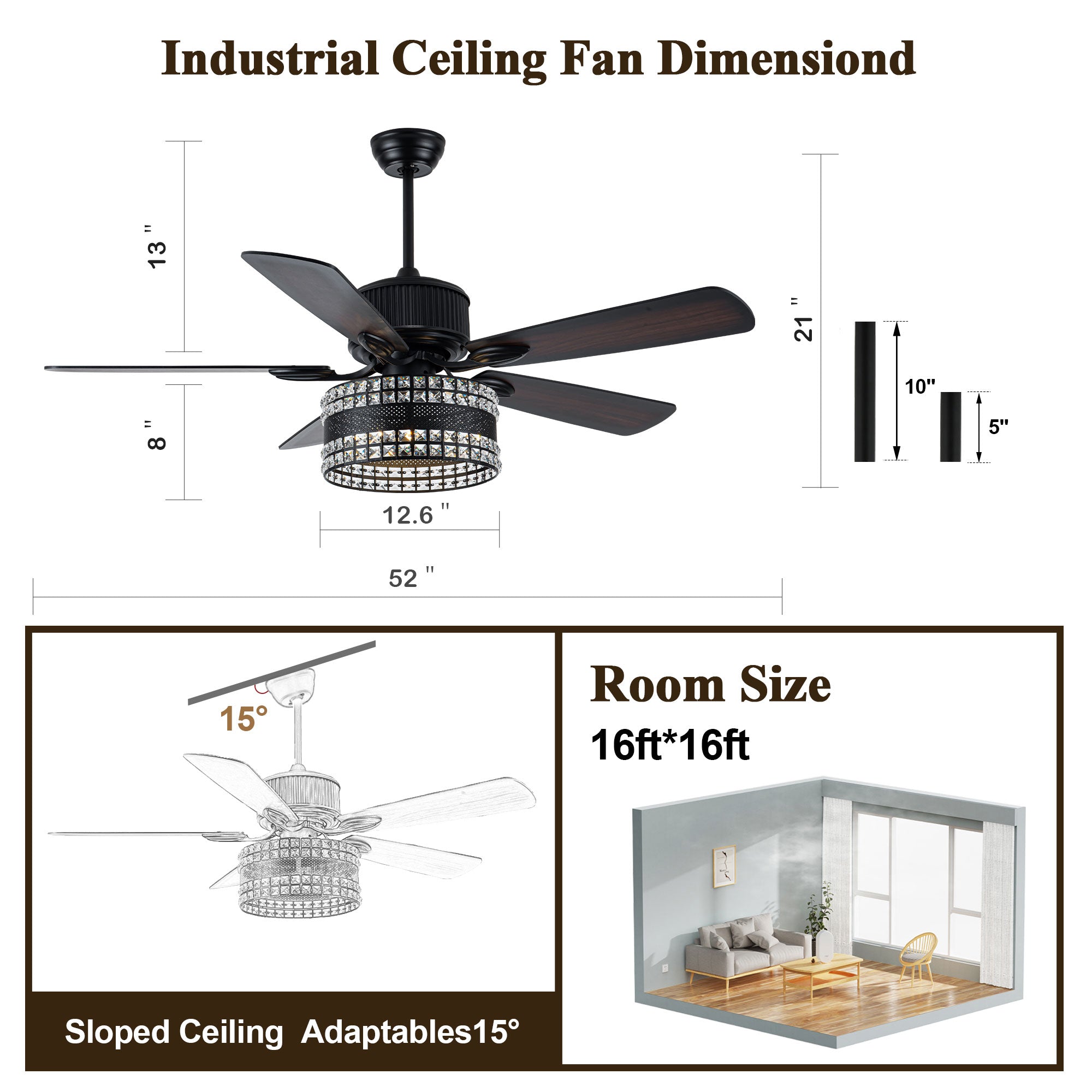 BD2069-BellaDepot 52" Black Crystal Caged Reversible Ceiling Fan with Remote and 3 Lights, DC Motor Ceiling Fan