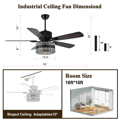 BD2069-52 Inch Large Size Black Color Caged Reversible Crystal Ceiling Fan with Remote and Lights