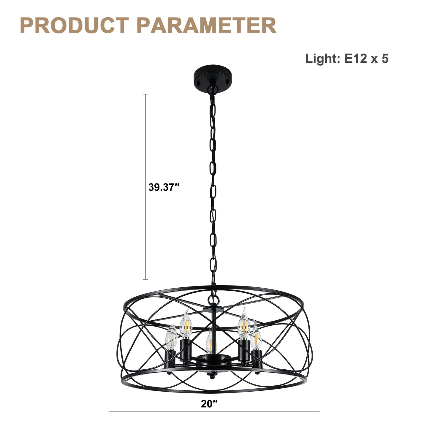 FC4076-Black/Silver Simple Linear Metal Caged Chandelier, Geometric Pendant Light, with Light Kit and Adjustable Chain