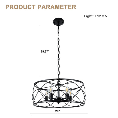 FC4076-Black/Silver Simple Linear Metal Caged Chandelier, Geometric Pendant Light, with Light Kit and Adjustable Chain