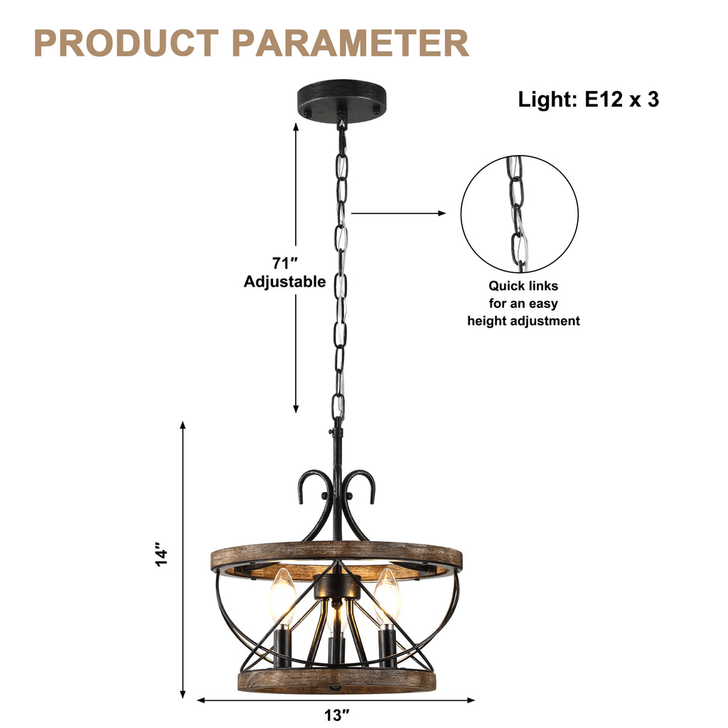 3 - Lights Farmhouse Drum Chandelier, 13" Wooden Chandelier for Dining Room with Height Adjustable