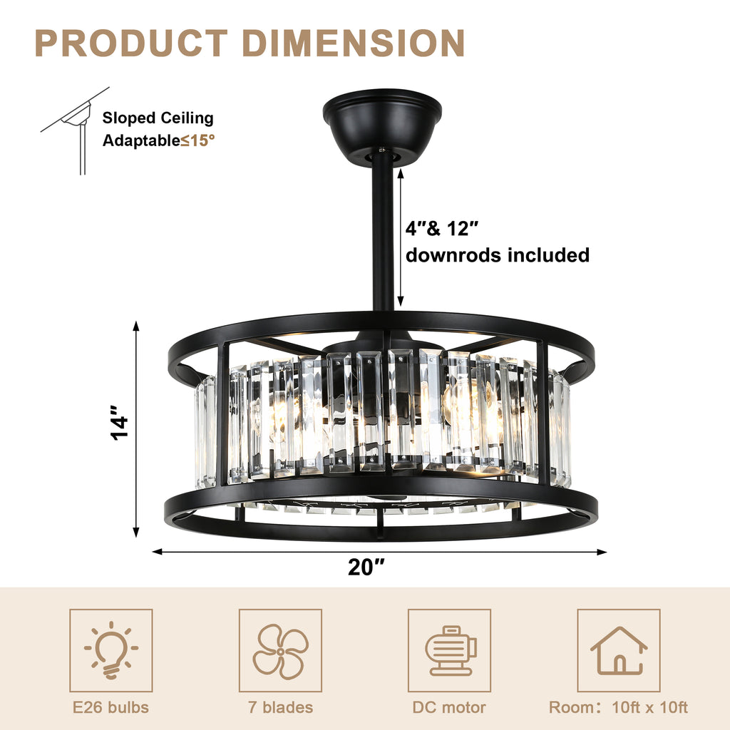 20 Inch Modern Glam Crystal Drum Cage Ceiling Fan with Light and Remote, 6-Speed Reversible DC Motor Bladeless Ceiling Fan with Crystals