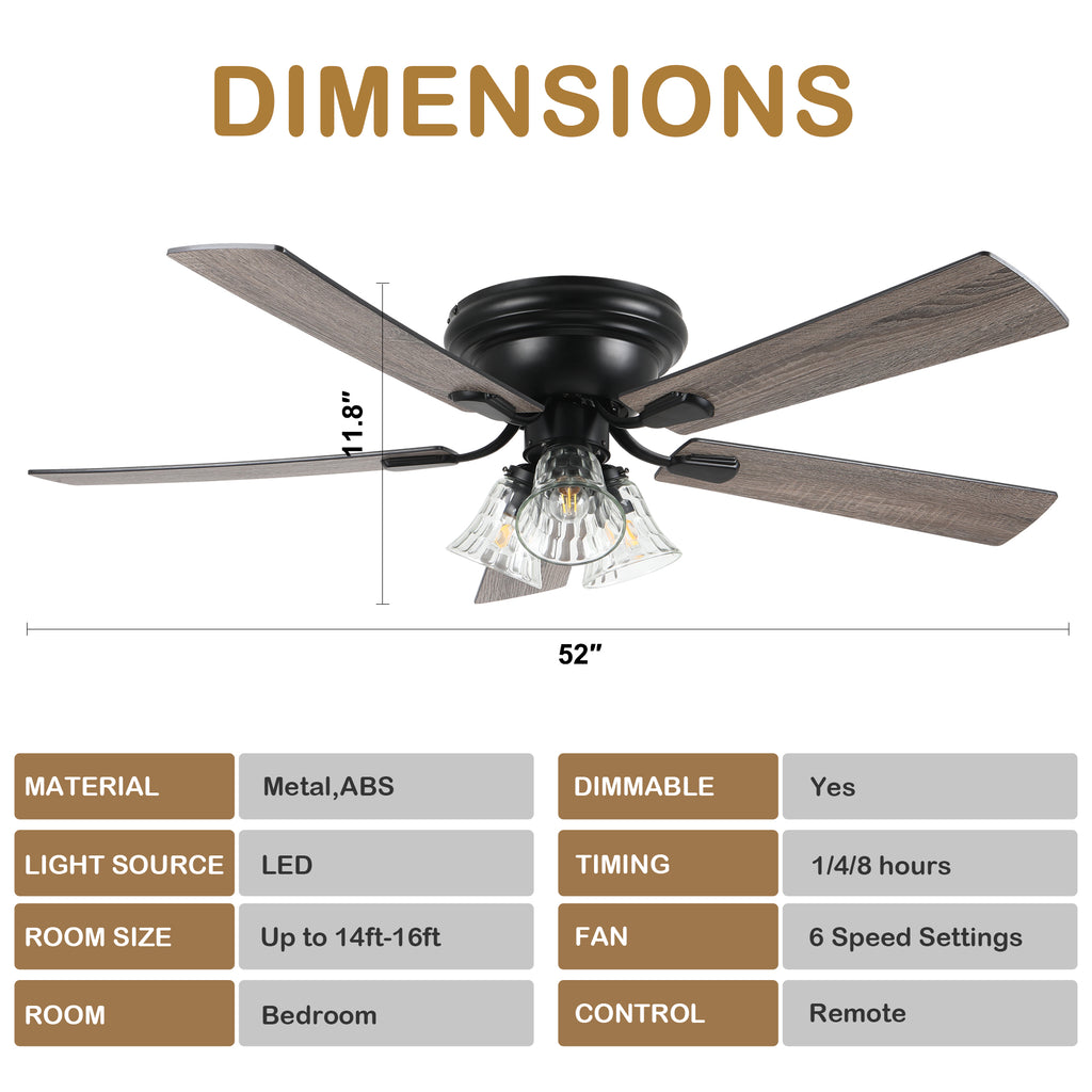 52/60 Inch Black Farmhouse Flush Mount Ceiling Fan with Lights and Remote Control, 6 Speeds DC Motor Low Profile Ceiling Fan with Glass Shade