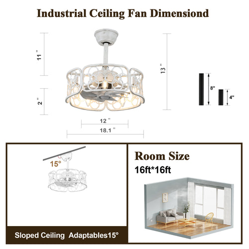 18 Inch Farmhouse Distressed White Caged Ceiling Fan with Lights and Remote, 8-Blade Reversible Bladeless Fandelier Ceiling Fan