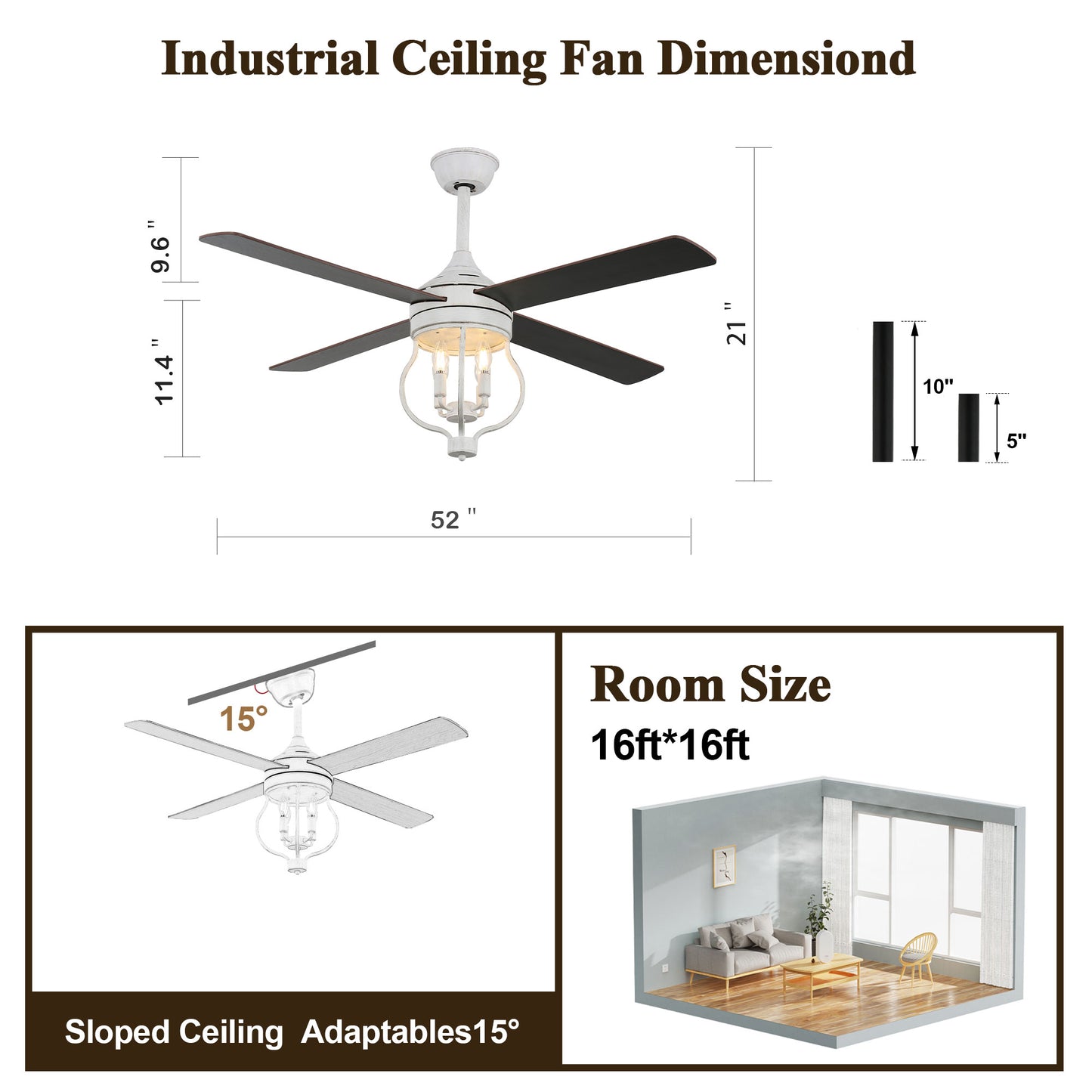 DC5211-52" Large Size Classic Reversible White Ceiling Fan DC Motor 6-Speeds with Remote and Lights