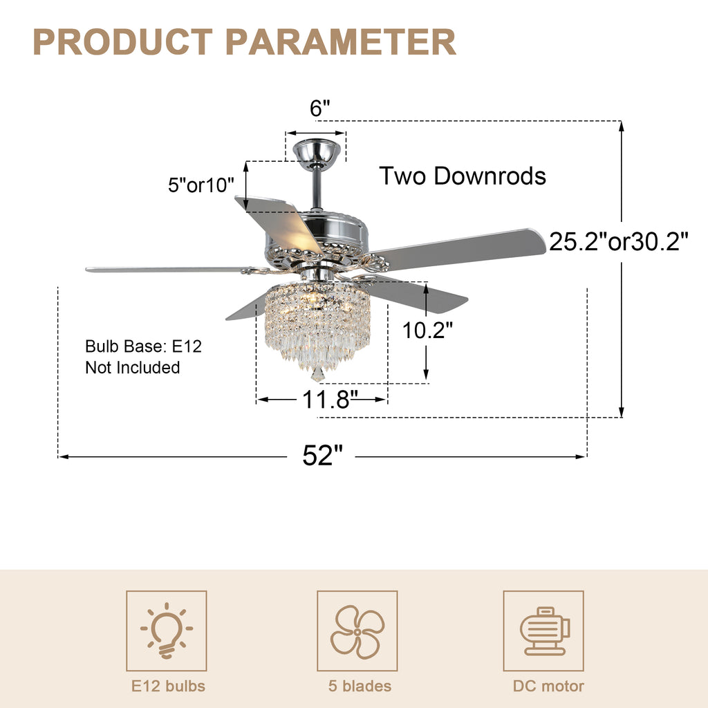 DC2017-BellaDepot 52" Luxury Crystal Chandelier Ceiling Fan with Remote and 3 Lights, Large Size Ceiling Fan