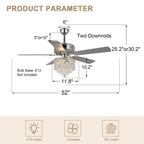 DC2017-BellaDepot 52" Luxury Crystal Chandelier Ceiling Fan with Remote and 3 Lights, Large Size Ceiling Fan