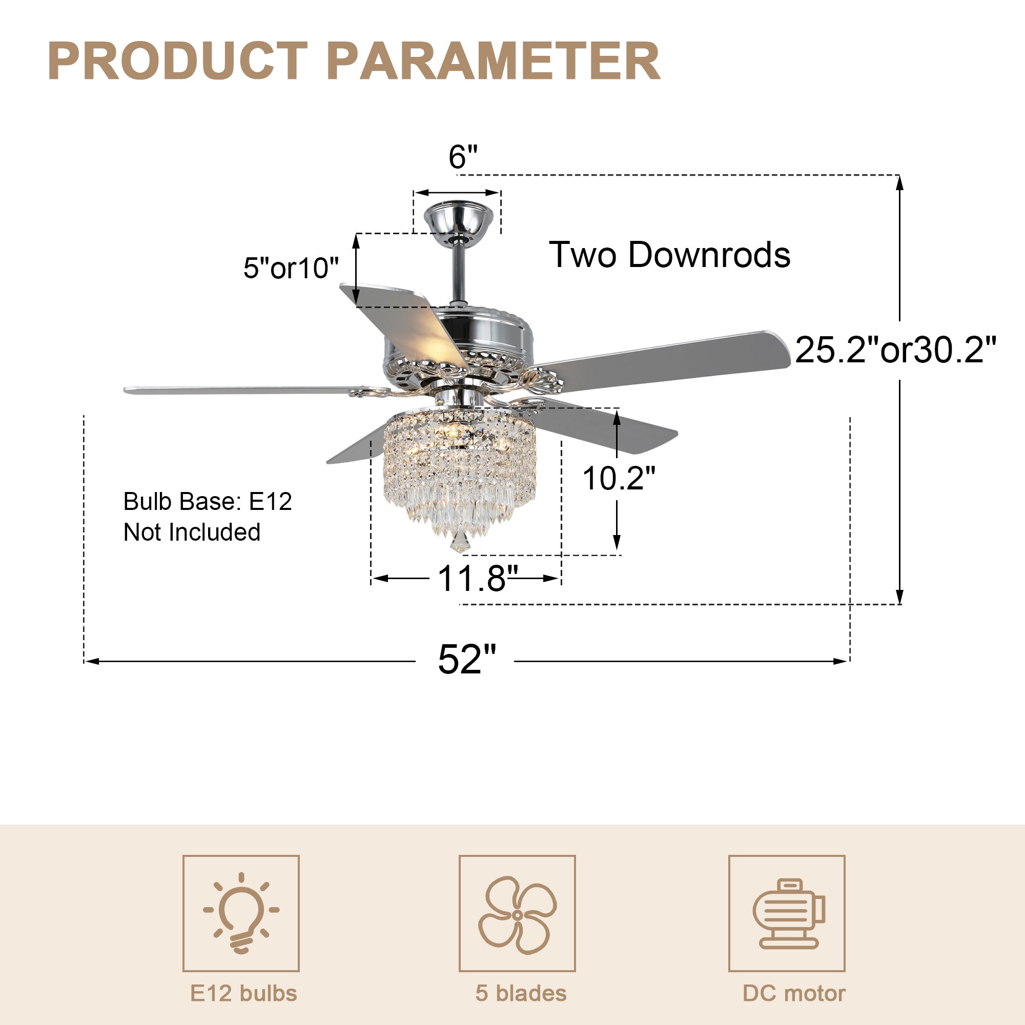 DC2017-BellaDepot 52" Luxury Crystal Chandelier Ceiling Fan with Remote and 3 Lights, Large Size Ceiling Fan