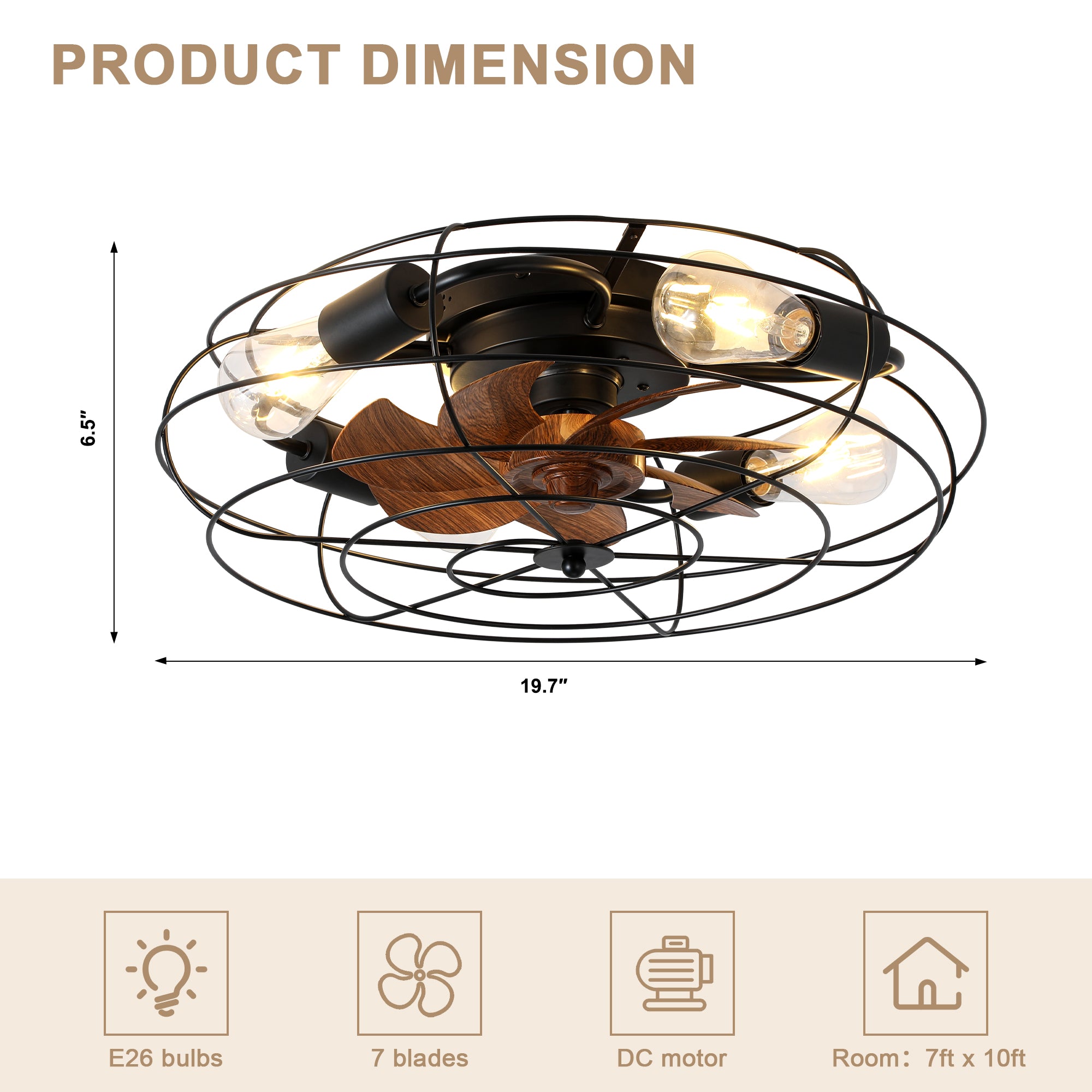20 Inch Farmhouse Industrial Flush Mount Ceiling Fan with Lights and Remote, 6 Speeds DC Motor Bladeless Caged Ceiling Fan for Bedroom