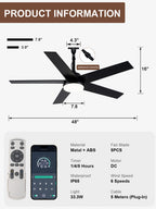 Industrial 48 Inch Outdoor Ceiling Fan with Light, Waterproof Black Blades, Dimmable LED and Remote Control Ceiling Fan Quiet DC Motor Ceiling Fan Suit for Patio, Gazebos