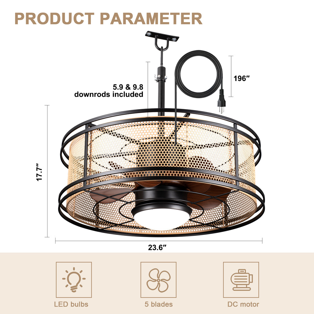 HW2307-BellaDepot 23.6" Imitation Rattan Outdoor Ceiling Fan with Remote and LED Lights, DC Motor 6 Speeds Ceiling Fan