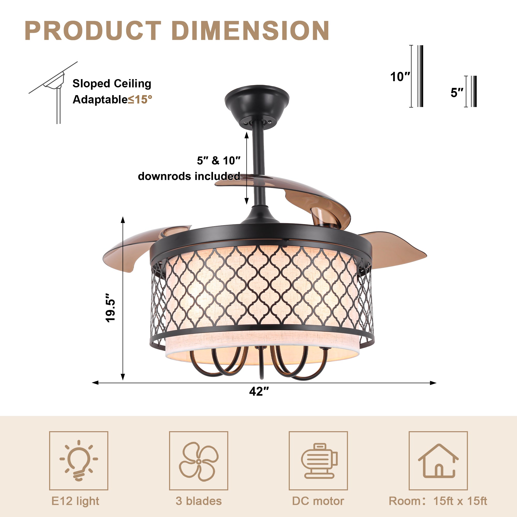 42 Inch Farmhouse Retractable Ceiling Fan with Lights and Remote Control, 6 Speeds DC Motor Bladeless Ceiling Fan for Bedroom